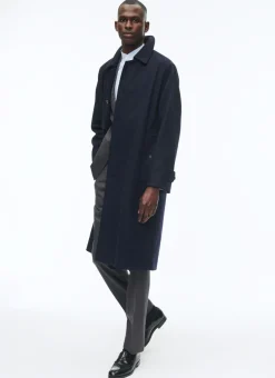 Fursac Blended Wool Coat With A Pleat Navy Blue - Tartan Lining Store