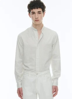 Fursac Brushed Cotton Shirt With Grandad Collar Ecru - Black Checks Best Sale