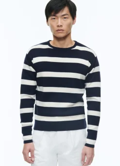 Fursac Certified Wool Sweater With Stripes Ecru And Navy Blue Stripes Hot