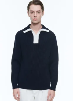 Fursac Cotton And Wool Zip-Neck Sweater Navy Blue - White Collar Best Sale