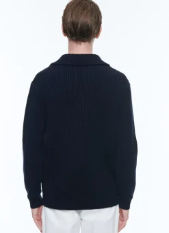 Fursac Cotton And Wool Zip-Neck Sweater Navy Blue - White Collar Best Sale