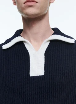 Fursac Cotton And Wool Zip-Neck Sweater Navy Blue - White Collar Best Sale