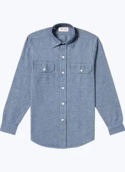 Fursac Cotton Chambray Overshirt Denim Blue Discount