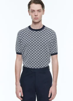 Fursac Cotton Mesh T-Shirt With Pattern Navy Blue - Ropes Pattern Cheap