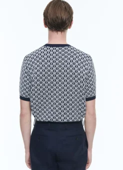 Fursac Cotton Mesh T-Shirt With Pattern Navy Blue - Ropes Pattern Cheap