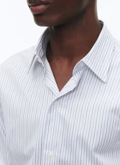 Fursac Cotton Shirt With Straight Collar White - Sky Blue And Black Irregular Stripes Shop