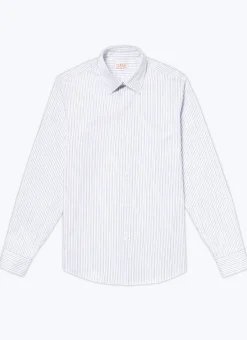 Fursac Cotton Shirt With Straight Collar White - Sky Blue And Black Irregular Stripes Shop