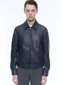 Fursac Lamb Leather Jacket Navy Blue New