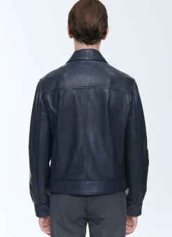 Fursac Lamb Leather Jacket Navy Blue New