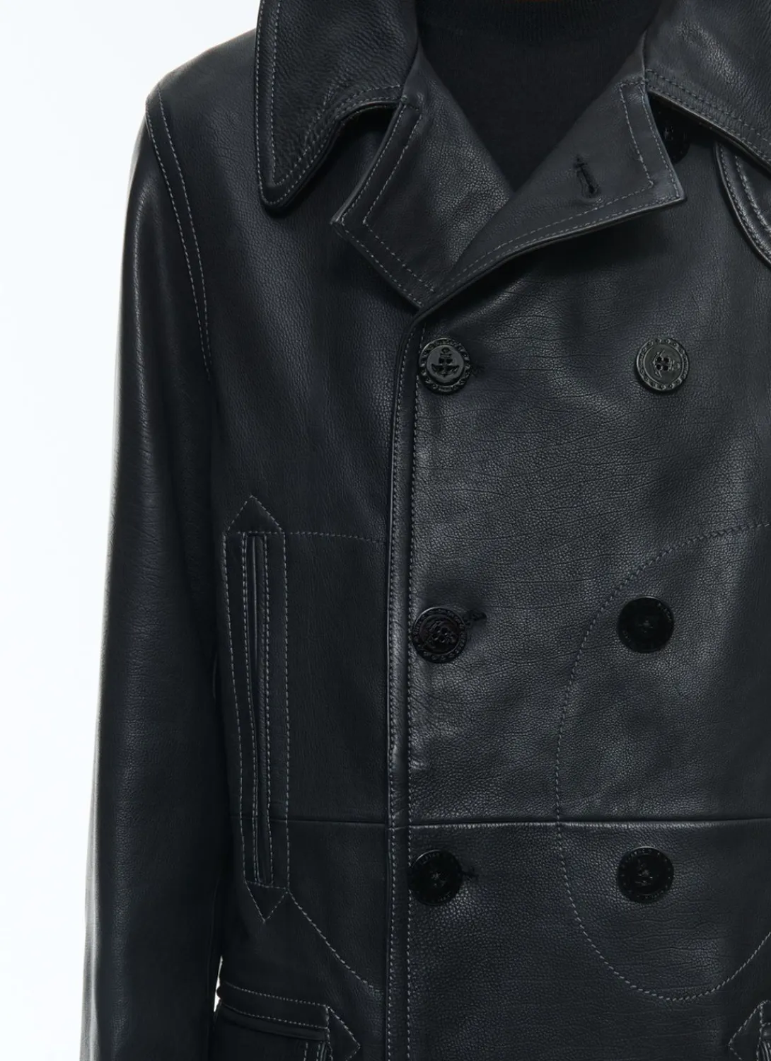 Fursac Leather Peacoat With Topstitching Black Best