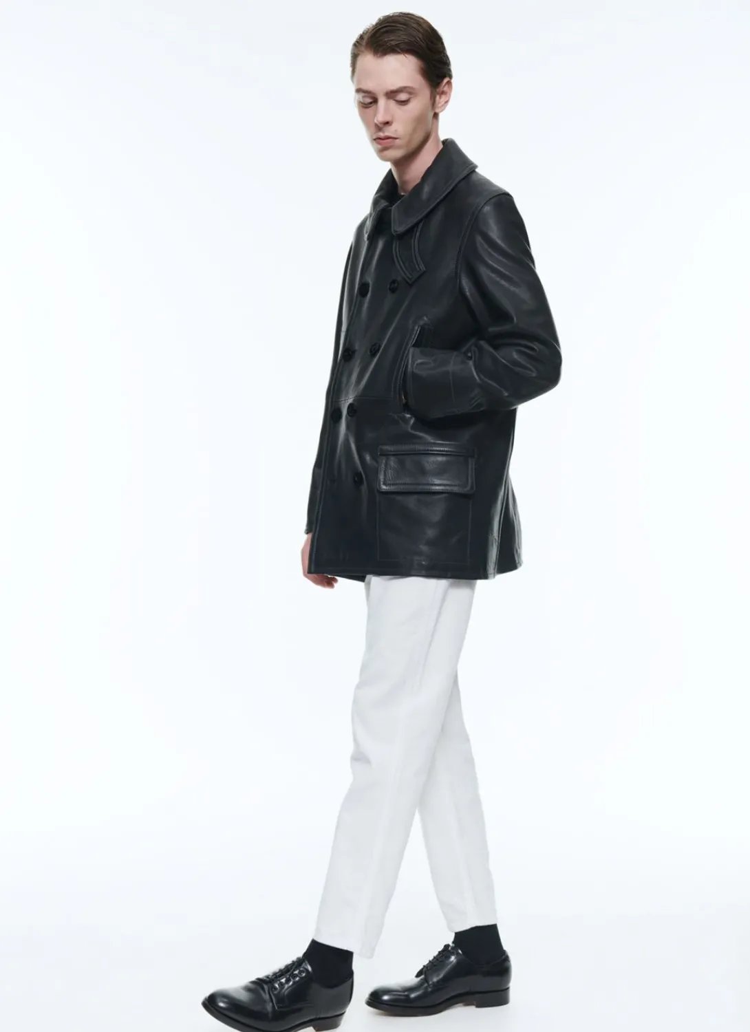 Fursac Leather Peacoat With Topstitching Black Best