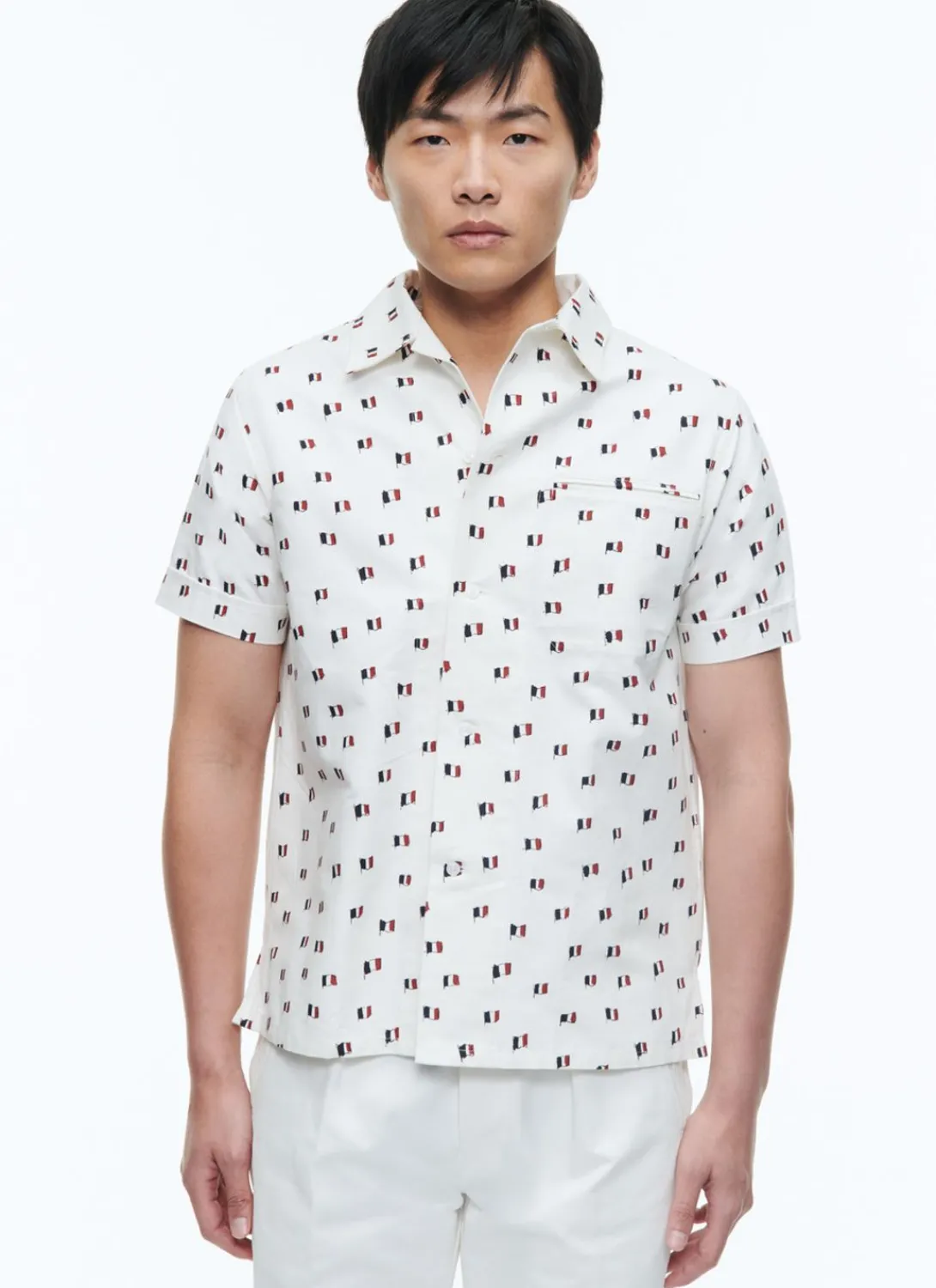 Fursac Printed Cotton Hawaiian Shirt Beige - French Flags Print Outlet