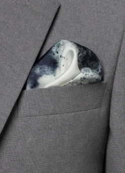 Fursac Printed Silk Twill Pocket Square White - Navy Blue Stain Print Best Sale