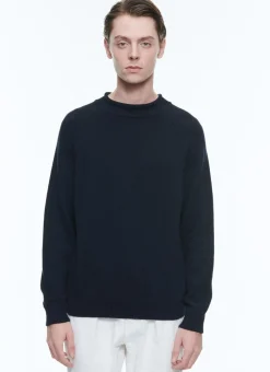Fursac Rolled Hem Collar Cotton Sweater Navy Blue Store
