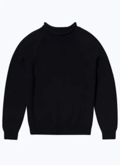 Fursac Rolled Hem Collar Cotton Sweater Navy Blue Store