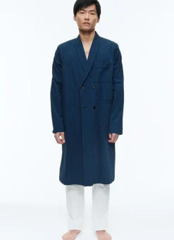 Fursac Seersucker Dressing Gown Shirt With Stripes Navy Blue - Navy Blue And Black Stripes Best