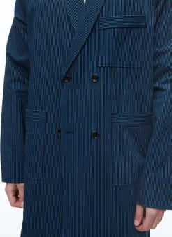 Fursac Seersucker Dressing Gown Shirt With Stripes Navy Blue - Navy Blue And Black Stripes Best