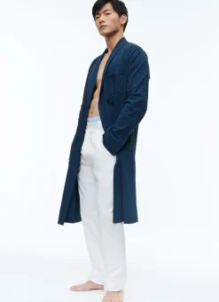 Fursac Seersucker Dressing Gown Shirt With Stripes Navy Blue - Navy Blue And Black Stripes Best