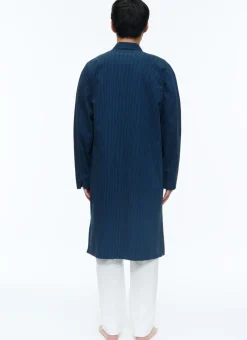 Fursac Seersucker Dressing Gown Shirt With Stripes Navy Blue - Navy Blue And Black Stripes Best