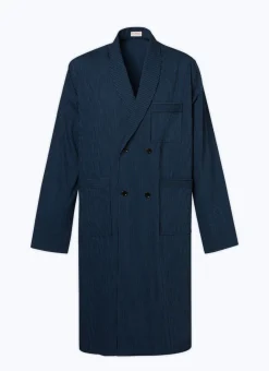 Fursac Seersucker Dressing Gown Shirt With Stripes Navy Blue - Navy Blue And Black Stripes Best