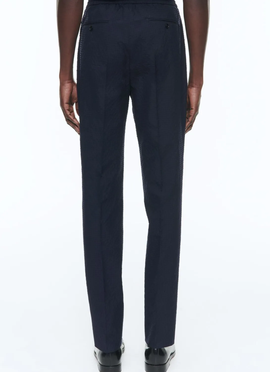 Fursac Seersucker Elasticated Trousers Navy Blue - Tone On Tone Gingham Pattern Discount