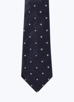 Fursac Silk Satin Tie With Flowers Pattern Navy Blue - Flowers Jacquard Pattern Best Sale