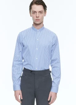 Fursac Striped Cotton Grandad Collar Shirt White - Blue Stripes Fashion