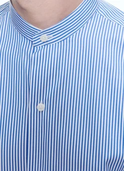 Fursac Striped Cotton Grandad Collar Shirt White - Blue Stripes Fashion