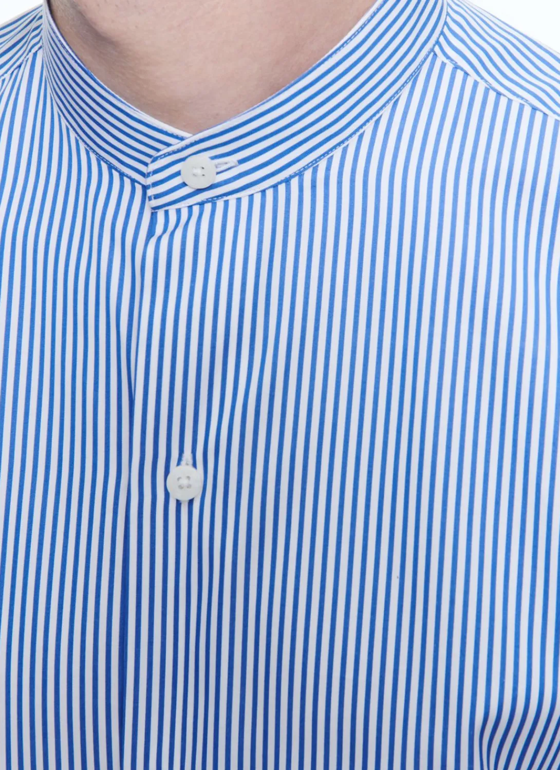 Fursac Striped Cotton Grandad Collar Shirt White - Blue Stripes Fashion