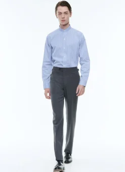 Fursac Striped Cotton Grandad Collar Shirt White - Blue Stripes Fashion