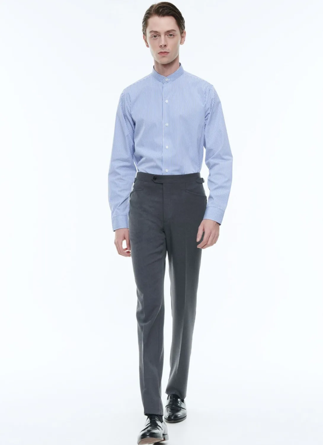 Fursac Striped Cotton Grandad Collar Shirt White - Blue Stripes Fashion