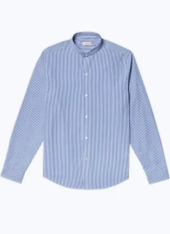 Fursac Striped Cotton Grandad Collar Shirt White - Blue Stripes Fashion