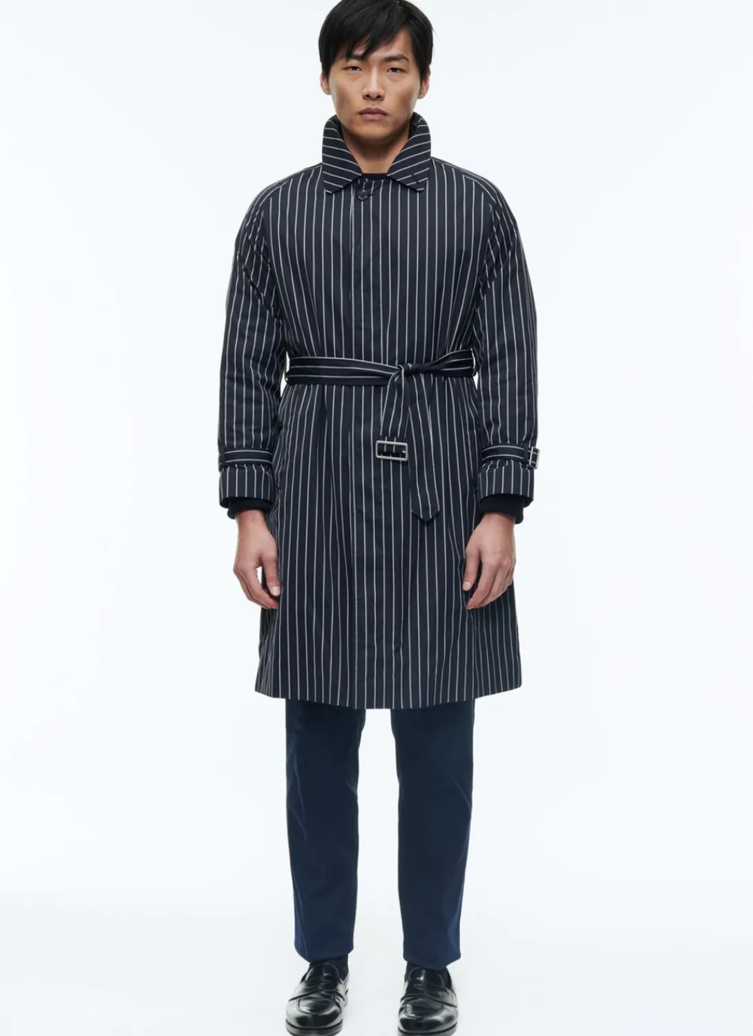 Fursac Striped Serge Long Coat With Belt Navy Blue - Vertical Contrasted Stripes Clearance