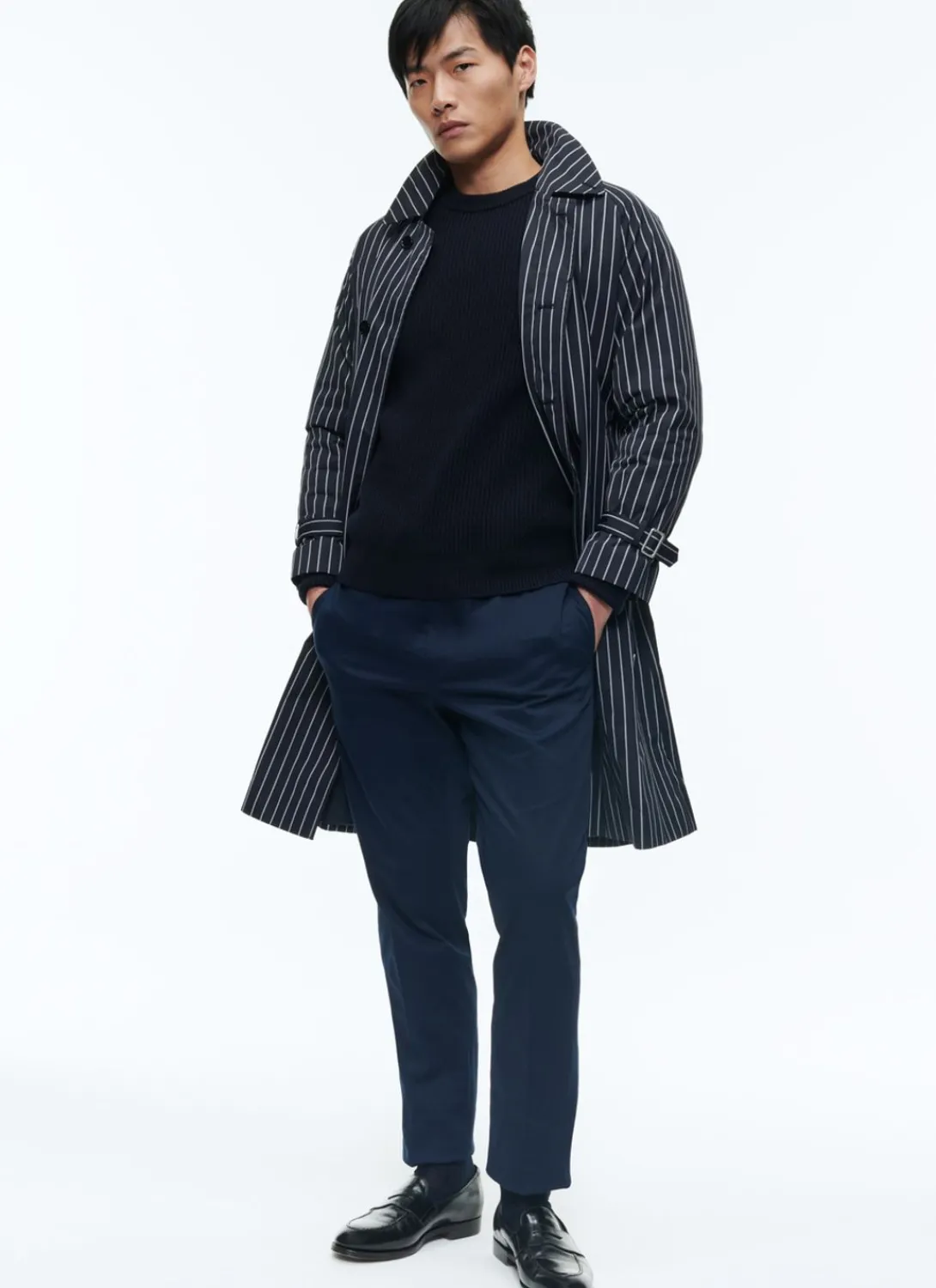 Fursac Striped Serge Long Coat With Belt Navy Blue - Vertical Contrasted Stripes Clearance