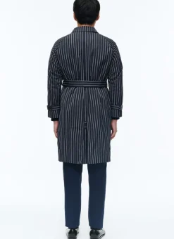 Fursac Striped Serge Long Coat With Belt Navy Blue - Vertical Contrasted Stripes Clearance