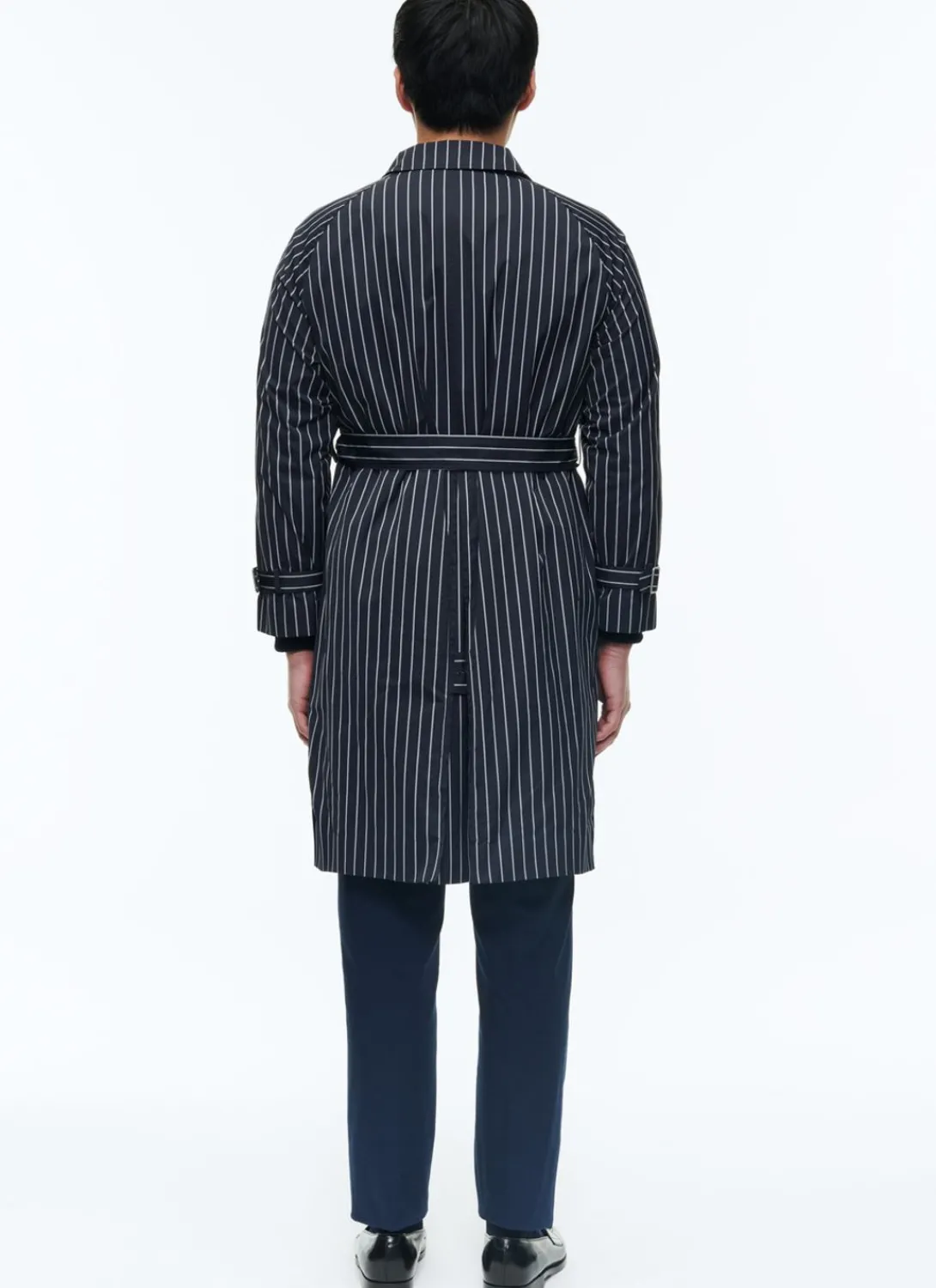 Fursac Striped Serge Long Coat With Belt Navy Blue - Vertical Contrasted Stripes Clearance