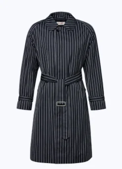 Fursac Striped Serge Long Coat With Belt Navy Blue - Vertical Contrasted Stripes Clearance