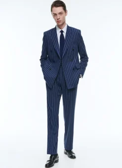 Fursac Striped Wool Double-Breasted Suit Blue - Stripes Outlet