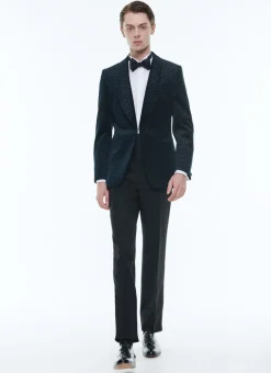 Fursac Velvet Shawl Collar Tuxedo Carbon Blue - Peacock Feather Pattern Cheap
