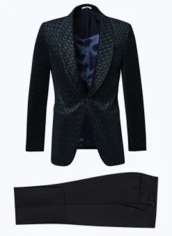 Fursac Velvet Shawl Collar Tuxedo Carbon Blue - Peacock Feather Pattern Cheap