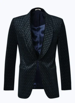Fursac Velvet Shawl Collar Tuxedo Jacket Carbon Blue - Peacock Feather Pattern Best