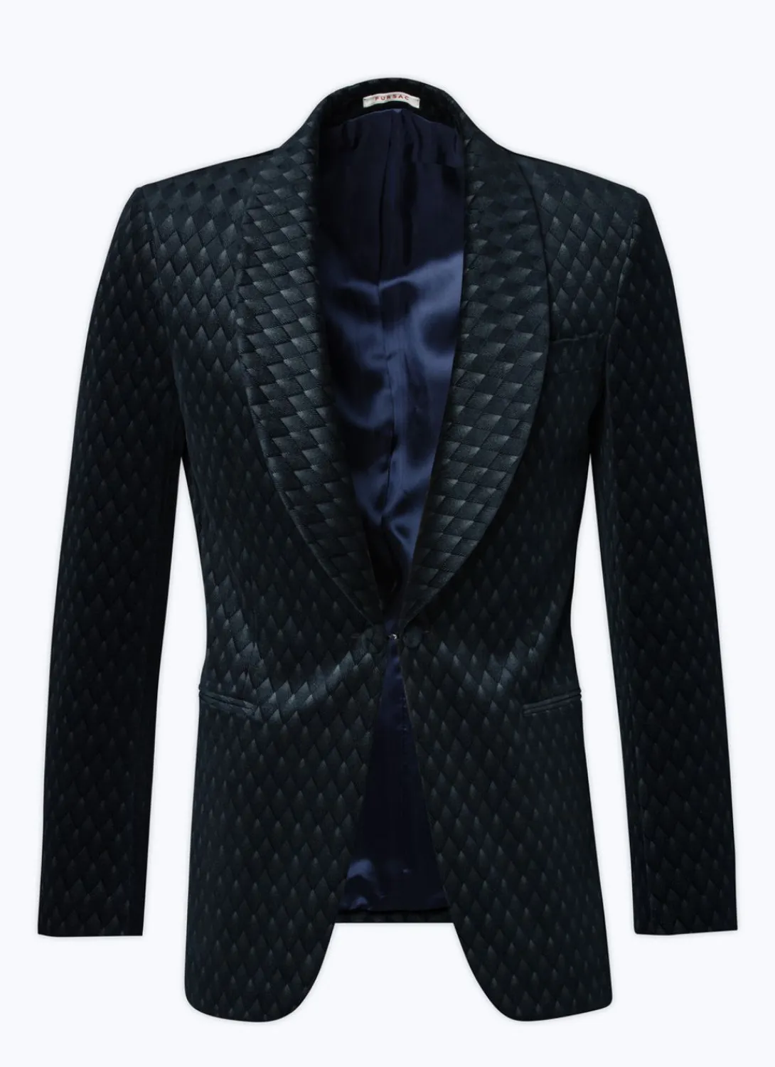 Fursac Velvet Shawl Collar Tuxedo Jacket Carbon Blue - Peacock Feather Pattern Best
