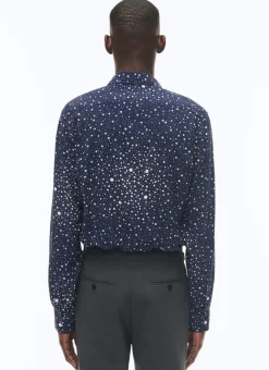 Fursac Viscose Shirt With Swallow Collar Navy Blue - Stars Print Cheap