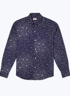 Fursac Viscose Shirt With Swallow Collar Navy Blue - Stars Print Cheap