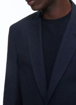 Fursac Wool And Cotton Seersucker Jacket Navy Blue - Tone On Tone Gingham Pattern Best