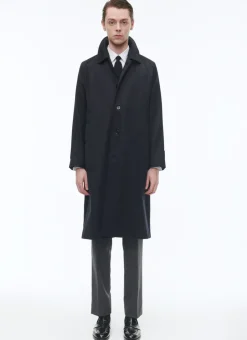 Fursac Wool Coat With Shirt Collar Navy Blue - Tartan Lining Best Sale