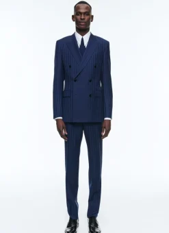 Fursac Wool Double-Breasted Striped Suit Blue - Tone On Tone Large Stripes Fashion