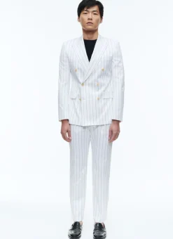 Fursac Wool Double-Breasted Striped Suit White - Navy Blue Stripes Cheap