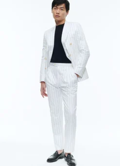 Fursac Wool Double-Breasted Striped Suit White - Navy Blue Stripes Cheap