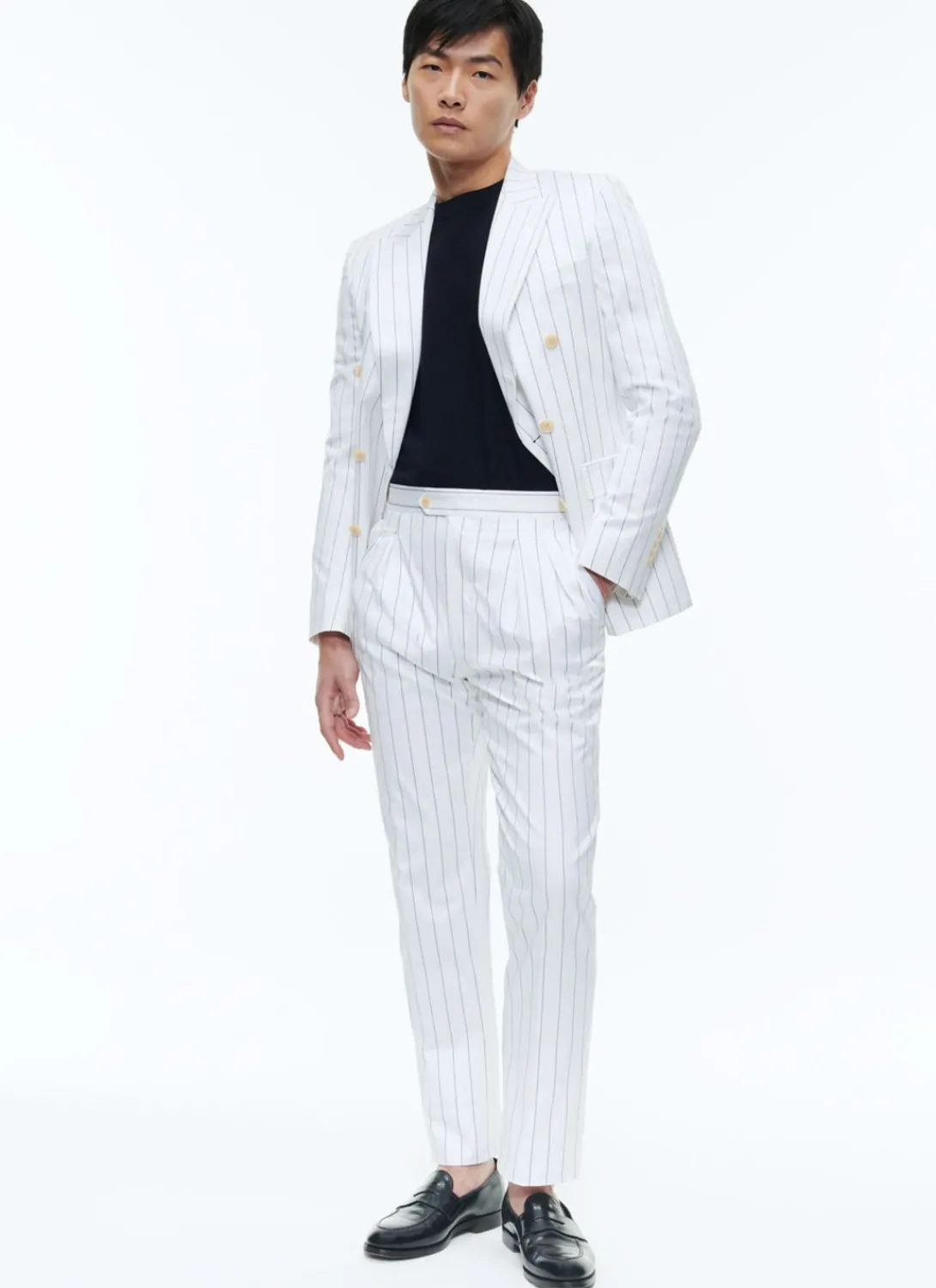 Fursac Wool Double-Breasted Striped Suit White - Navy Blue Stripes Cheap